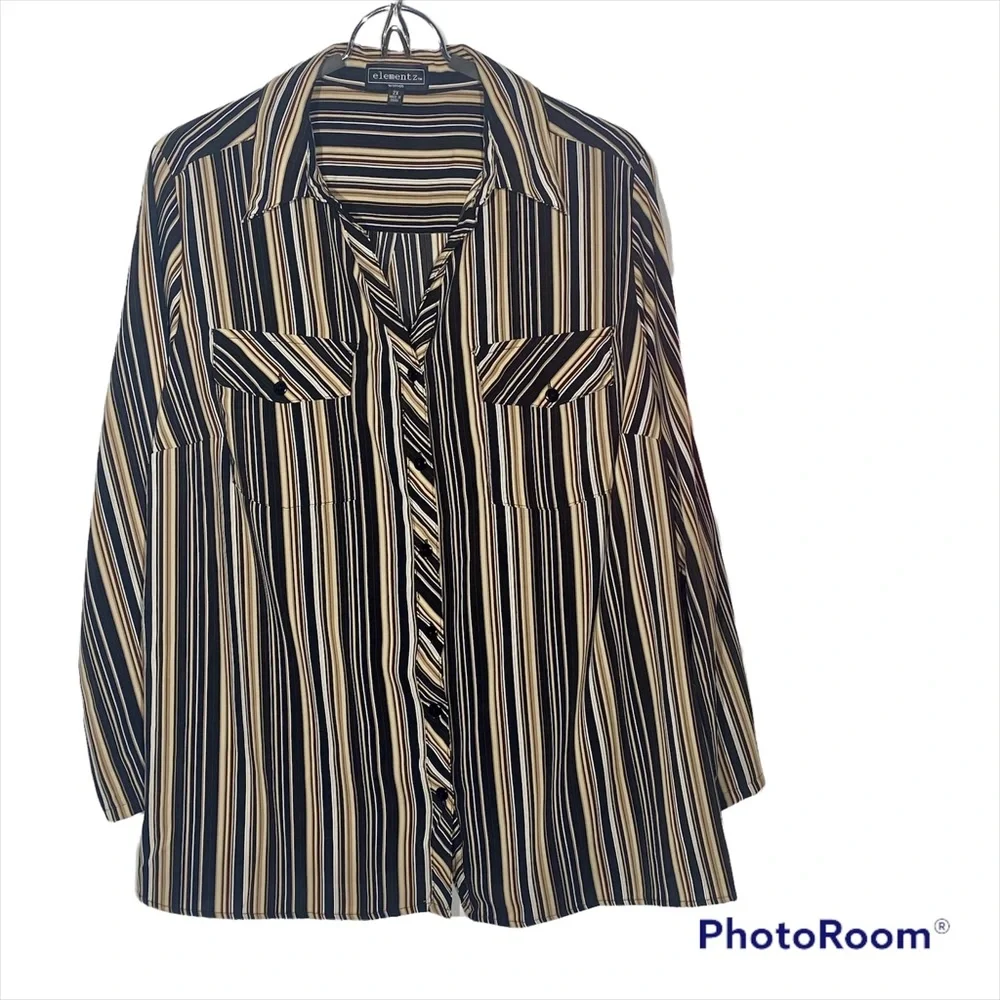 Elementz Stipped Blouse Roll-up Long Sleeve w/tab Brown, Tan, White 2X - Picture 1 of 10